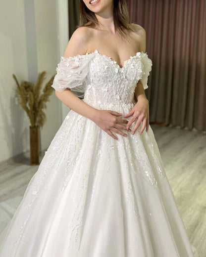 Tulle Off Shoulder 3d Lace Appliques Wedding Dress