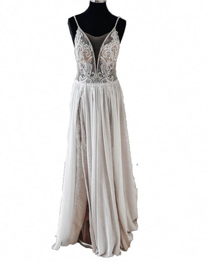 Vintage Boho V Neck Split Wedding Dress Lace Embroidery