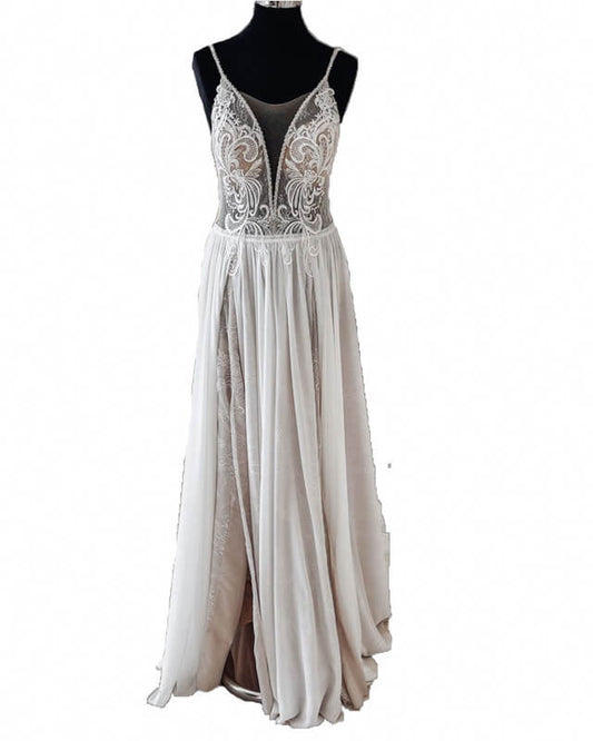 Vintage Boho V Neck Split Wedding Dress Lace Embroidery