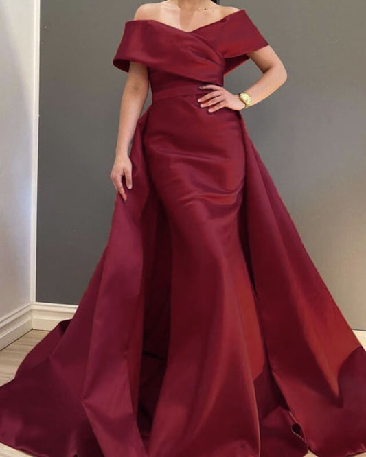 Mermaid Burgundy Satin Removable Train Wedding Dress