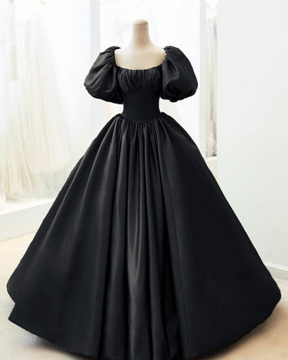 Ball Gown Black Satin Wedding Dresses Puffy Sleeves