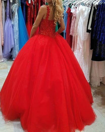 Red Sweetheart Crystal Beaded Corset Ball Gown Dress