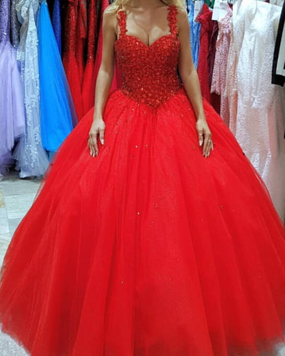 Red Sweetheart Crystal Beaded Corset Ball Gown Dress