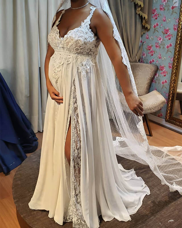 Chic Chiffon Pregnant Wedding Dresses Lace Embroidery V-neck