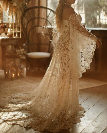 Vintage Boho Lace Wedding Dress Puffy Sleeves