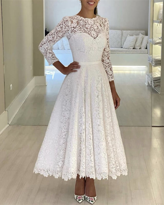 Modest Tea Length Lace Wedding Dresses With Sleeve