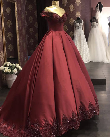 Green Ball Gown Lace Appliques Off-shoulder Satin Dress