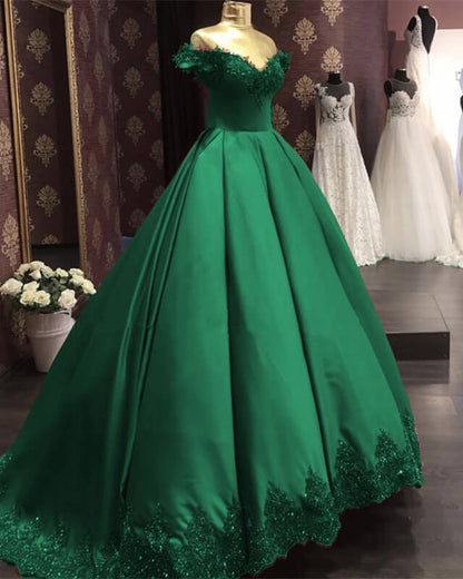 Green Ball Gown Lace Appliques Off-shoulder Satin Dress