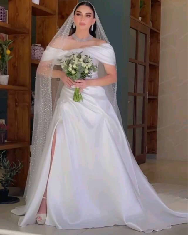 Trumpet Satin Off The Shoulder Wedding Dress With Slit