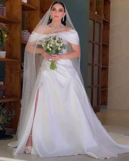 Trumpet Satin Off The Shoulder Wedding Dress With Slit