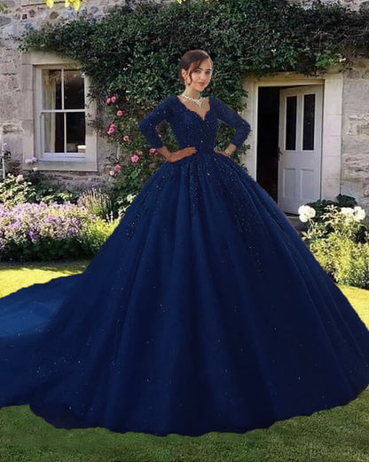 Navy Blue V Neck Wedding Dress With 3/4 Sleeves