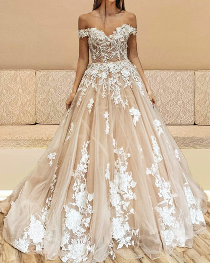 Ivory Lace Champagne Tulle Wedding Dress Off Shoulder