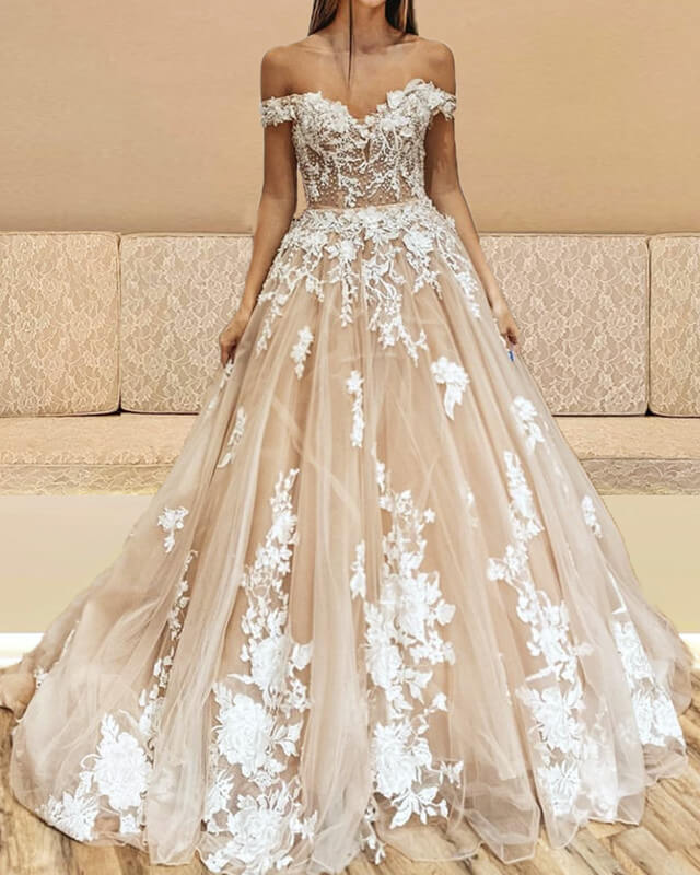 Ivory Lace Champagne Tulle Wedding Dress Off Shoulder