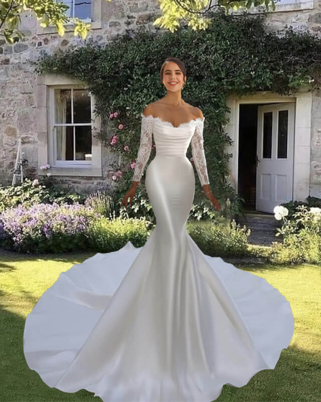 Mermaid Satin Wedding Dress Lace Sleeves
