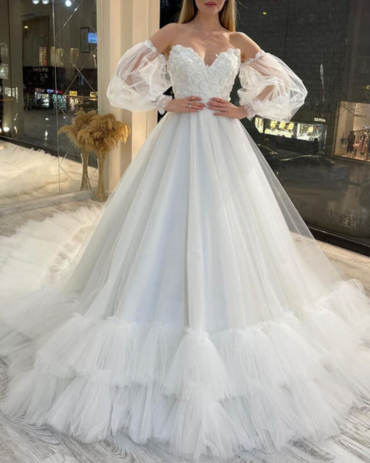Ball Gown Tulle Appliques Wedding Dress With Puffy Sleeve