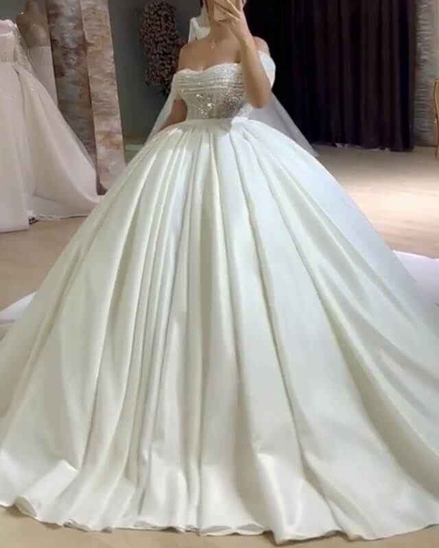 Sequin Beaded Corset Ball Gown Satin Wedding Dress
