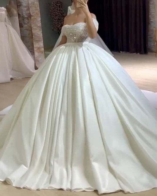 Sequin Beaded Corset Ball Gown Satin Wedding Dress