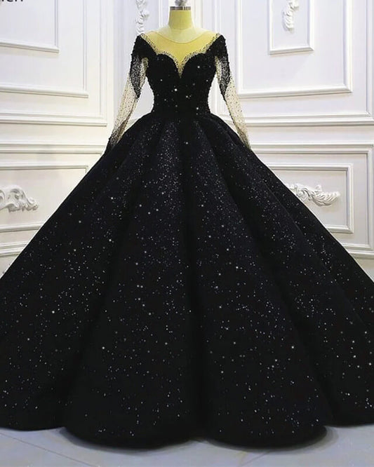 Black Sparkly Long Sleeve Wedding Ball Gown Dress