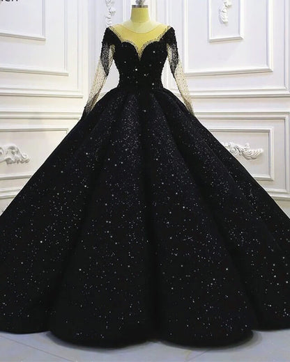Black Sparkly Long Sleeve Wedding Ball Gown Dress