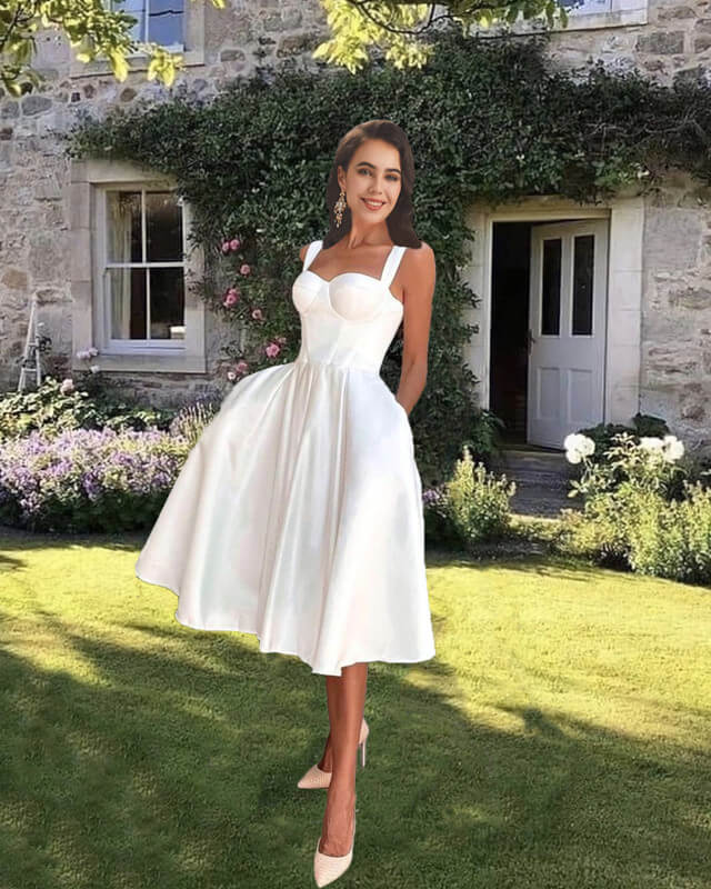 Tea Length Satin Corset Wedding Dress With Pockets