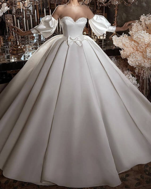 Puffy Sleeves Satin Wedding Ball Gown With Sheer Neckline
