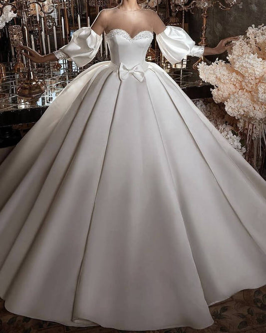 Puffy Sleeves Satin Wedding Ball Gown With Sheer Neckline