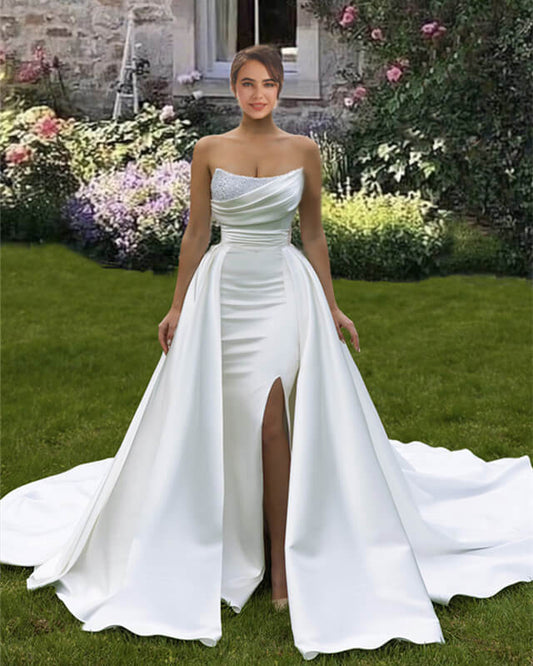 Mermaid Strapless Split Satin Wedding Dress