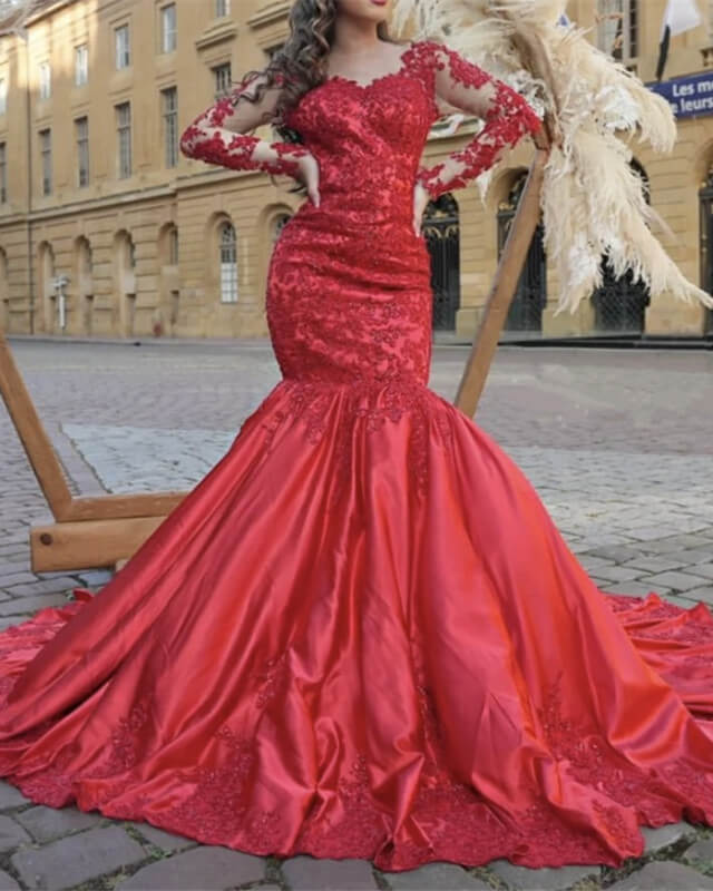 Mermaid Red Satin Dress Lace Long Sleeve