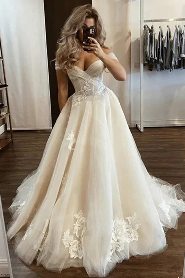 A-line Off-the-Shoulder Wedding Dresses With Floral Appliques