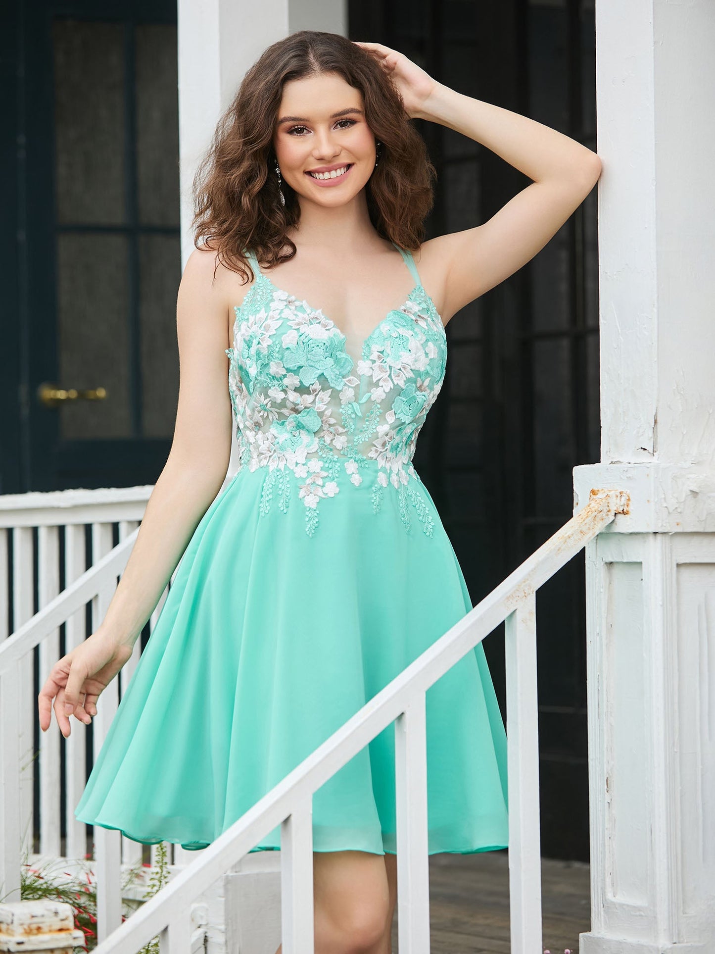 Appliqued Plunging V-Neck Pleated Mini Dress Spa