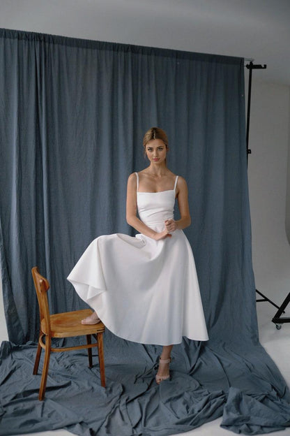 Reception Satin Dress Midi With A Spaghetti Straps And Sguare Neckline Bridal Topper  A-line Skirt  Wedding Guest Courthouse Dress