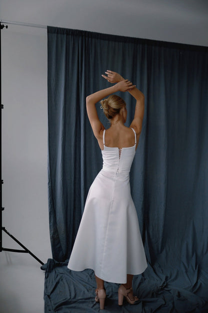 Reception Satin Dress Midi With A Spaghetti Straps And Sguare Neckline Bridal Topper  A-line Skirt  Wedding Guest Courthouse Dress