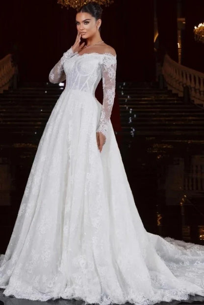 Long Sleeves Off-the-Shoulder Wedding Dress with Lace