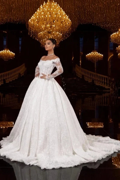 Long Sleeves Off-the-Shoulder Wedding Dress with Lace