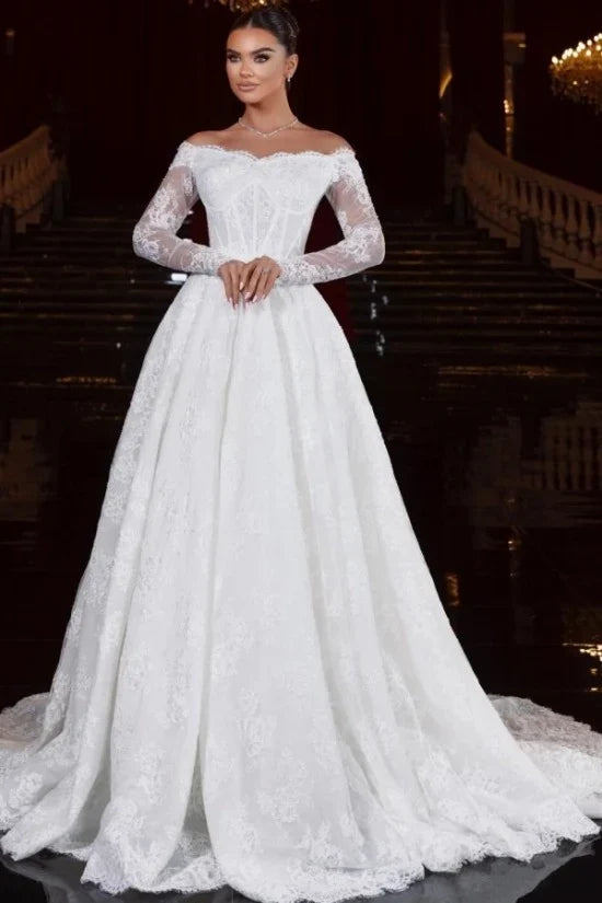 Long Sleeves Off-the-Shoulder Wedding Dress with Lace
