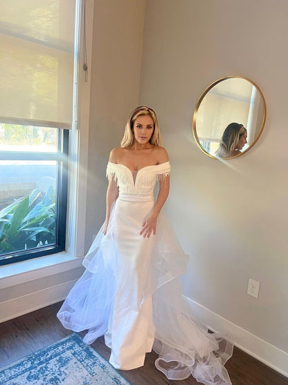 Mermaid Off Shoulder Appliques Wedding Reception Dress with