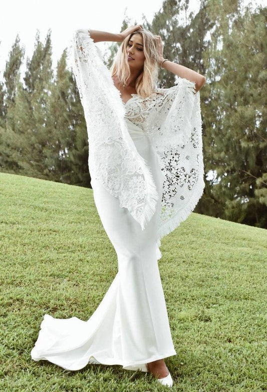 Bohemian Wedding Dress with Embroidered Lace Boho Style Wedding Dress Mermaid Wedding Dress Simple White Lace Dress Beach Wedding Dress
