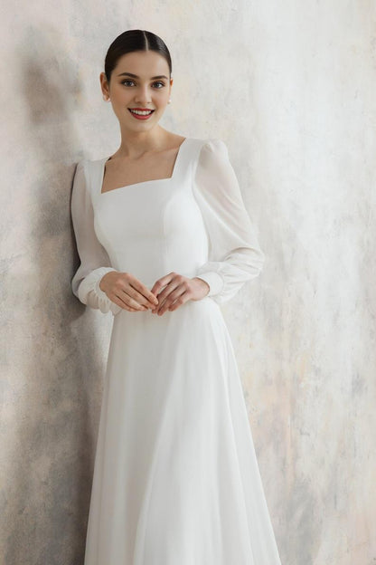 Simple wedding dress with square neckline long sleeves elegant wedding dress