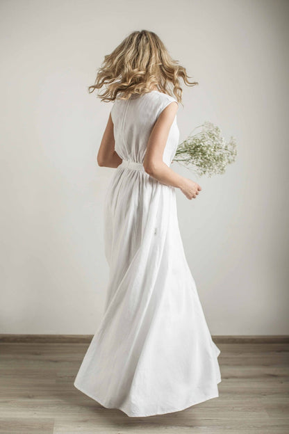 Linen Grecian Wedding Dress Elegant Boat Neck Bridal Dress Minimalist Wedding Gown Simple A -Line Wedding Dress Modest Bride Dress