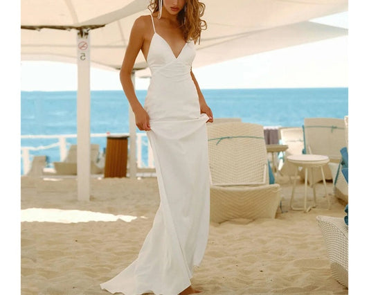 Simple Lace Up Wedding Dress for Bride Backless Bridal Gown Boho Mermaid Tie Up Custom V neck dress for Her Satin Wedding dress Beach Dress