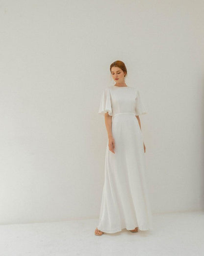 Floor Length Dress Satin Wedding Dress Flutter Sleeves Dress