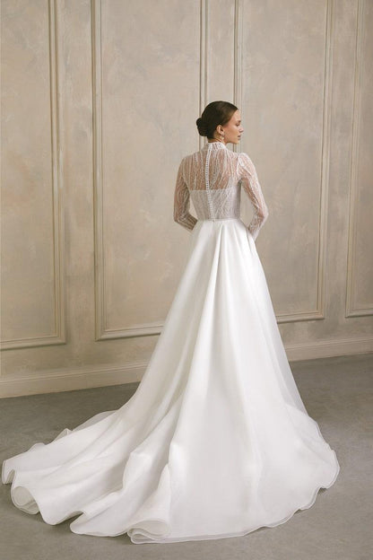 High Neck Modest Wedding Dress Long Sleeve Wedding Dress Embroidered Wedding Gown Lace Wedding Dress A Line Bridal Dress