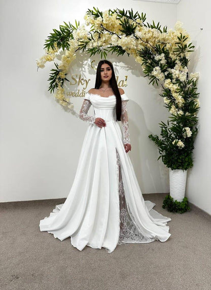 Lace Up Off Shoulder Wedding Gown Corset Wedding Dress Off White Satin Maxi Bridal Gown Long Sleeve Slit Bridal Dress