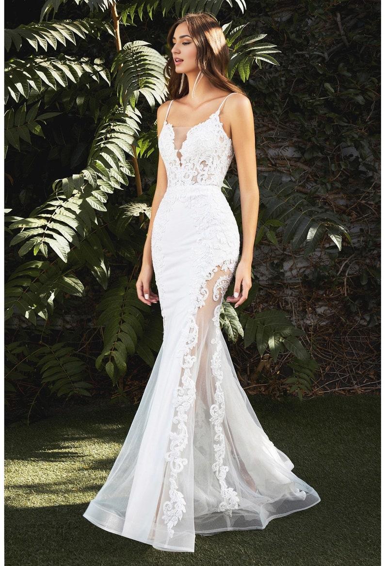 Lace Mermaid Wedding Dress Simple Boho Wedding Dress Sheer Reception Dress White Elopement Civil Ceremony Wedding Dress