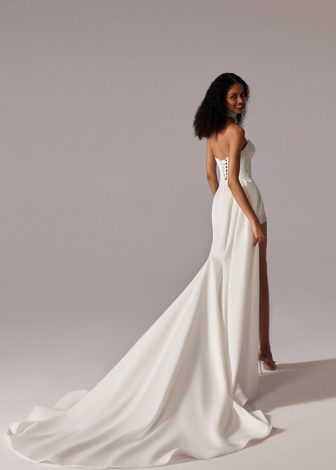 White Strapless Sweetheart Wedding Gown with High Slit and Floor Length Train