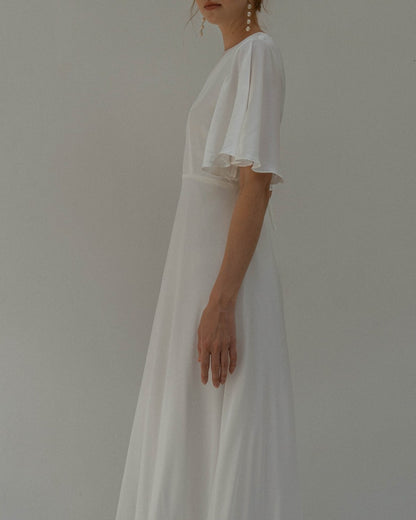 Floor Length Dress Satin Wedding Dress Flutter Sleeves Dress
