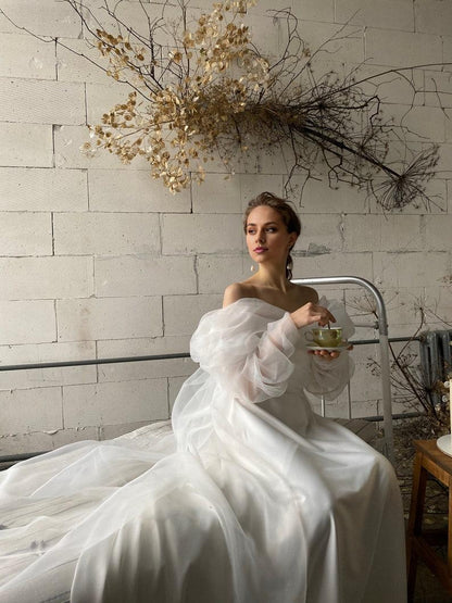 Off Shoulder Wedding Dress Air Wedding Dress Long Train Wedding Dress Romantic Wedding Dress Organza Wedding Dress