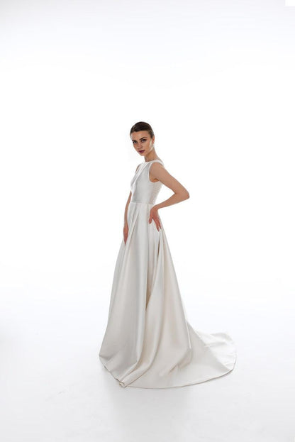 Elegant Satin Wedding Dress With Floral Lace Open Back Simple Wedding Dress A-line Modest Wedding Dress Ballgown Wedding Dress