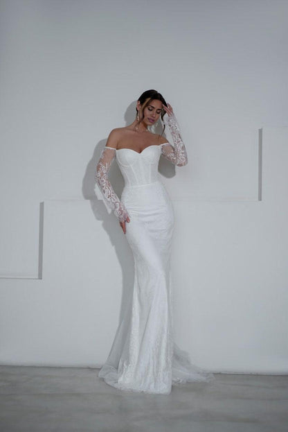 Lace Satin Mermaid Wedding Dress Gorgeous Fitted Bridal Gown Romantic Floral Lace Sleeves and Neckline Modern Wedding Dress