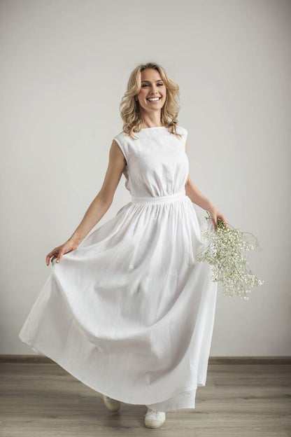 Linen Grecian Wedding Dress Elegant Boat Neck Bridal Dress Minimalist Wedding Gown Simple A -Line Wedding Dress Modest Bride Dress